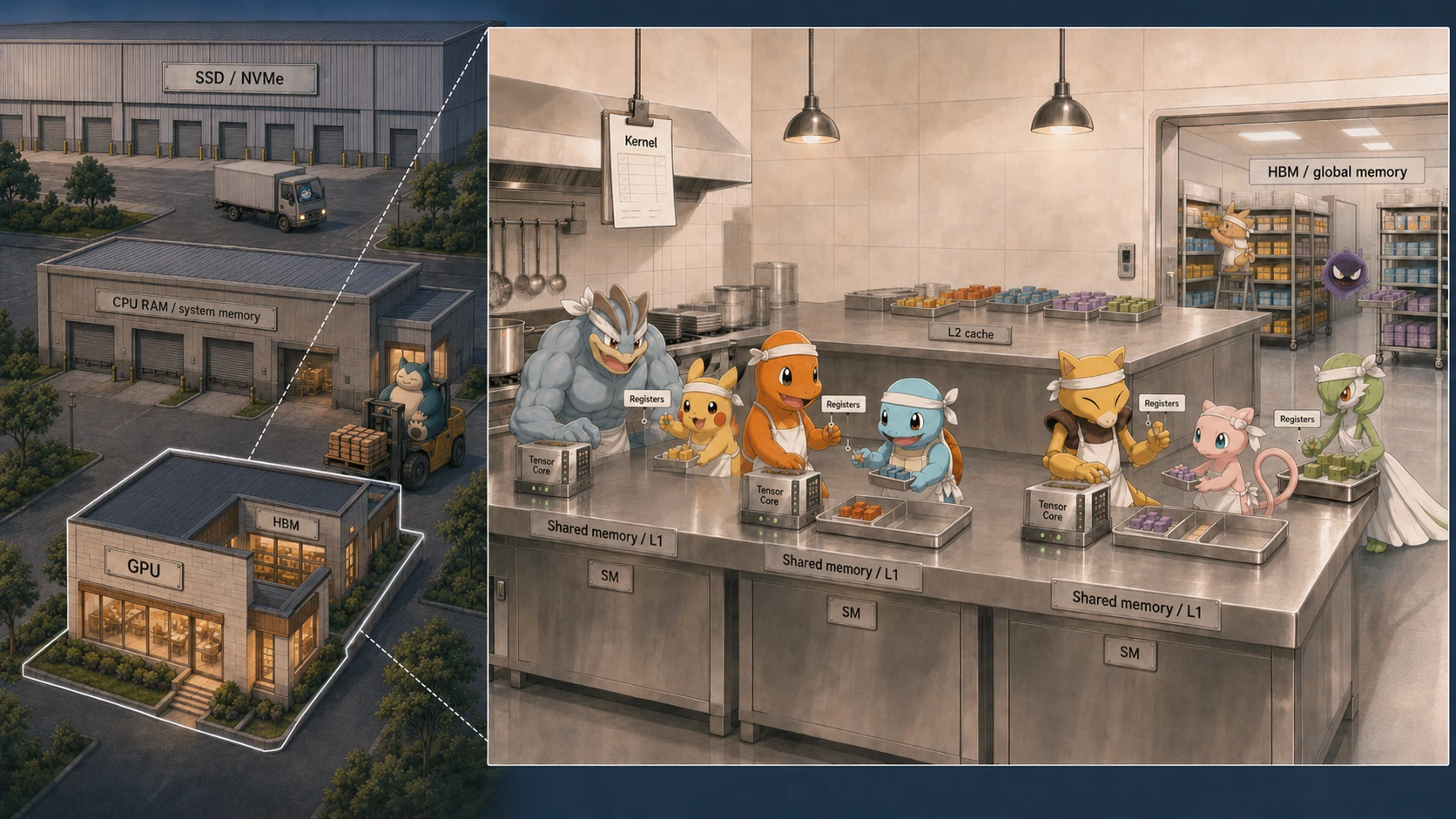 Model data moves from SSD through CPU RAM into GPU HBM. Inside the GPU, a commercial kitchen represents the memory hierarchy: an L2 cache serves several Streaming Multiprocessor workstations, each with shared memory, registers, and Tensor Cores.